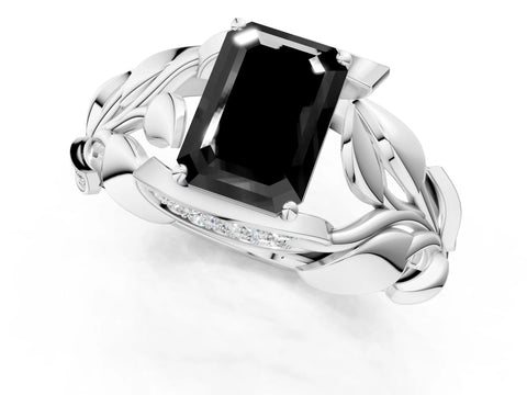 White gold Fancy Black Emerald Cut Solitaire Leaf-Inspired Engagement Ring with Prong Setting_1