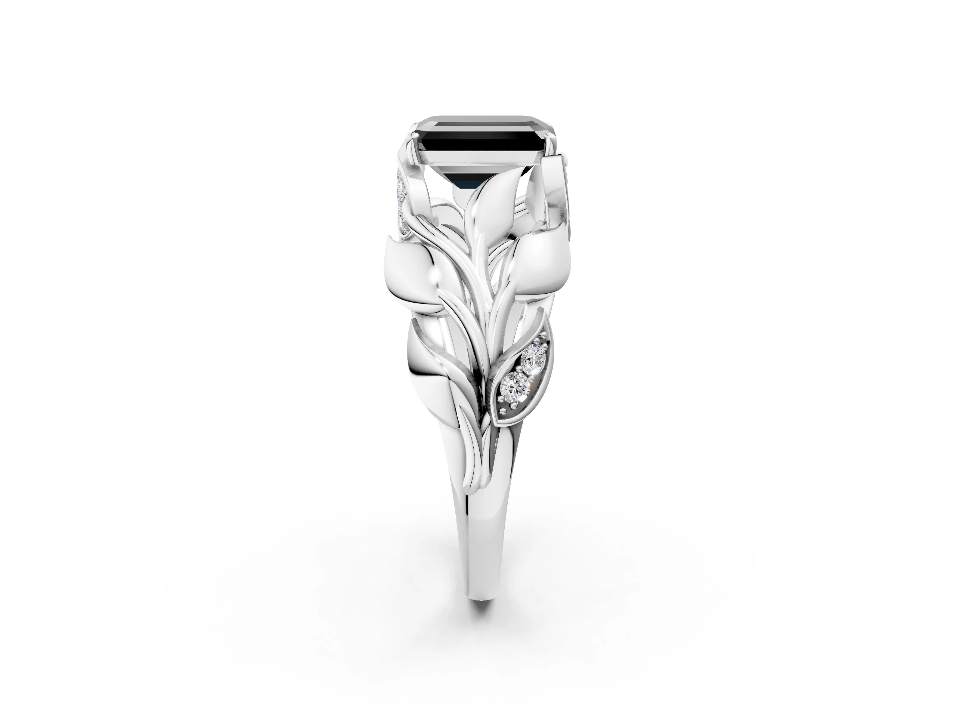 White gold Fancy Black Emerald Cut Solitaire Leaf-Inspired Engagement Ring with Prong Setting_2