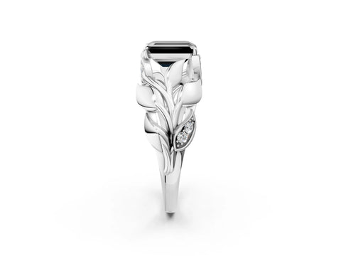White gold Fancy Black Emerald Cut Solitaire Leaf-Inspired Engagement Ring with Prong Setting_2