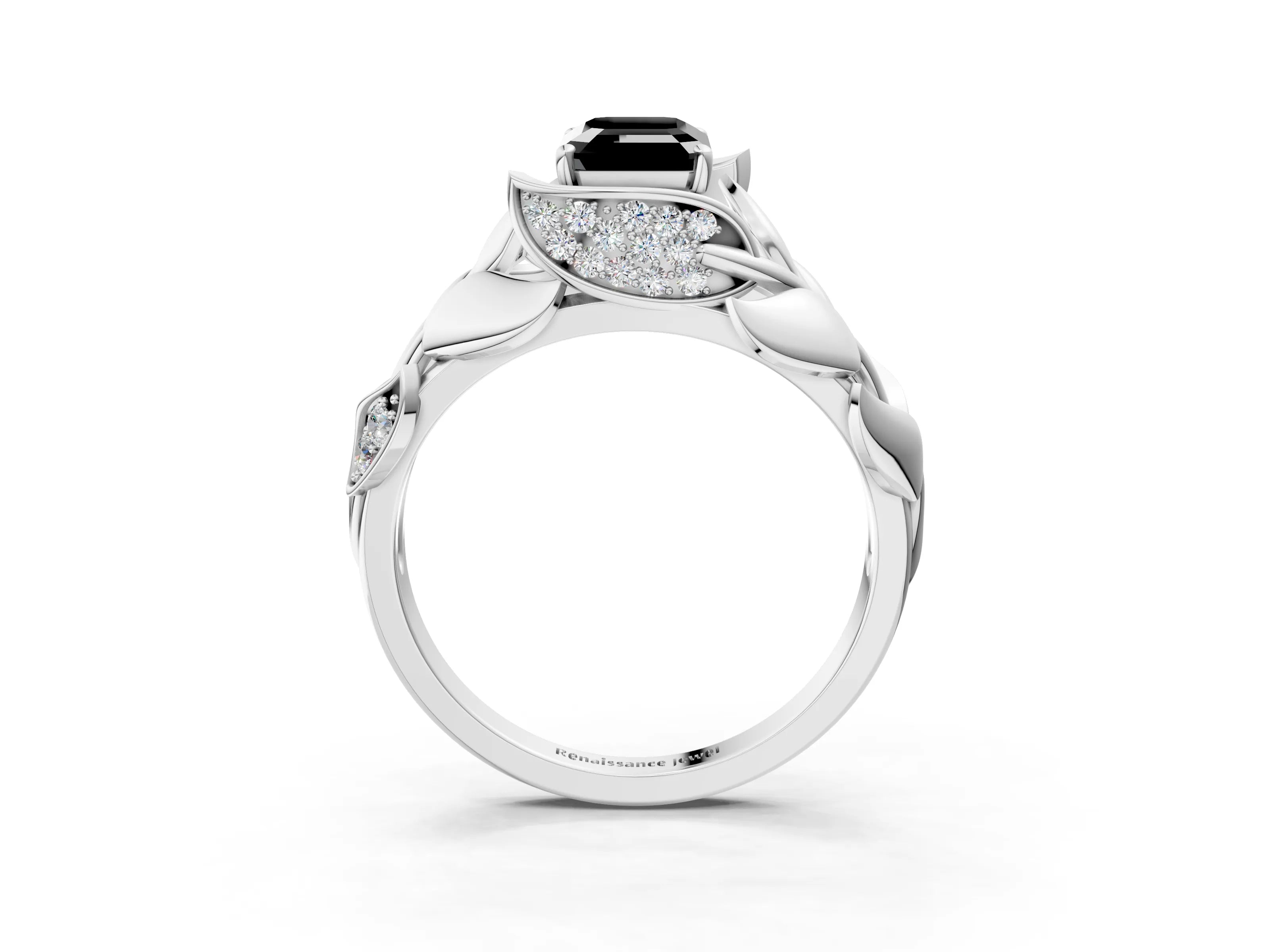 White gold Fancy Black Emerald Cut Solitaire Leaf-Inspired Engagement Ring with Prong Setting_3