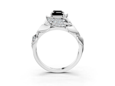 White gold Fancy Black Emerald Cut Solitaire Leaf-Inspired Engagement Ring with Prong Setting_3
