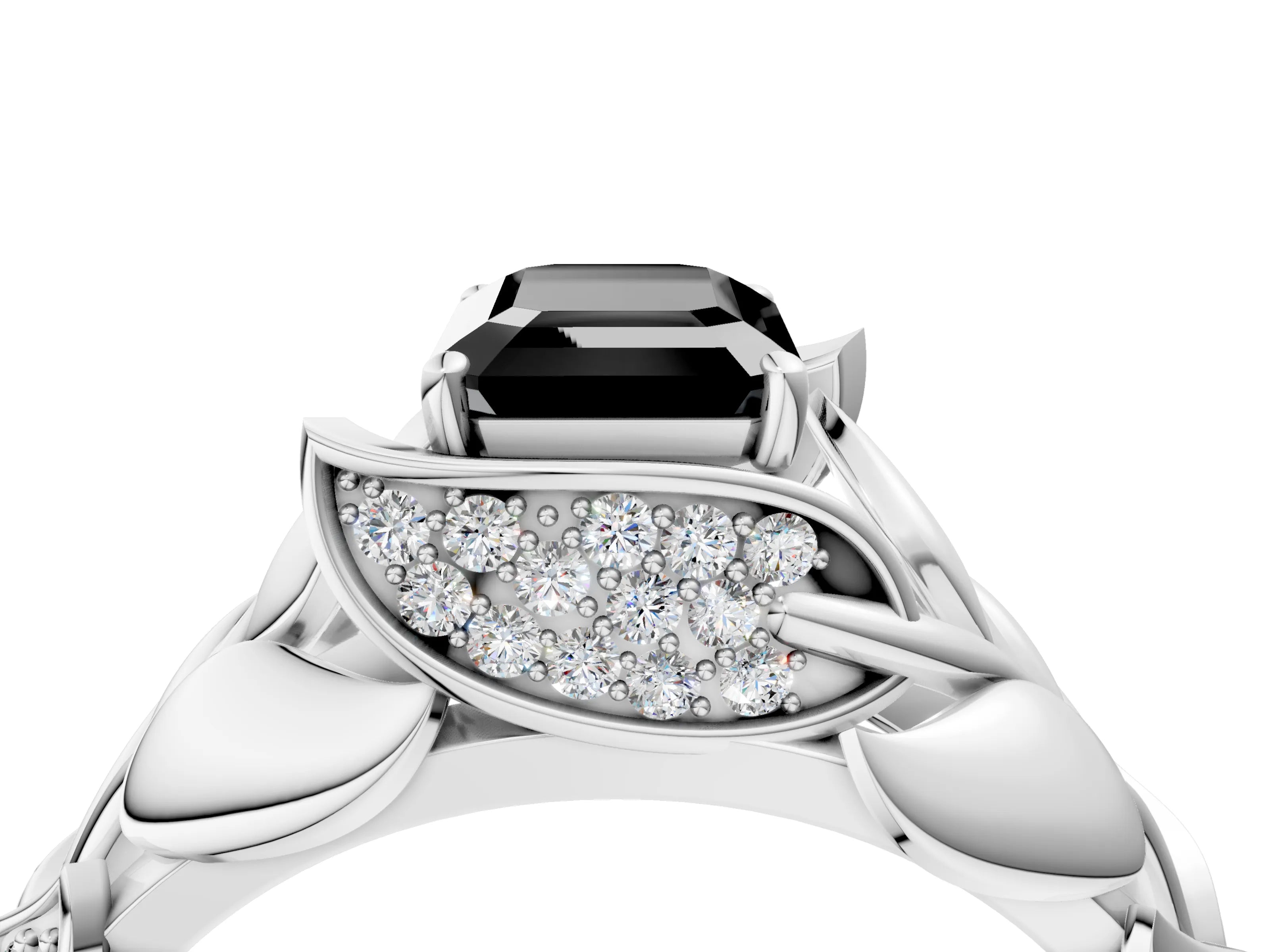 White gold Fancy Black Emerald Cut Solitaire Leaf-Inspired Engagement Ring with Prong Setting_4