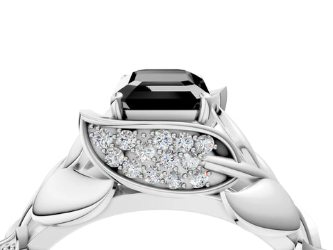 White gold Fancy Black Emerald Cut Solitaire Leaf-Inspired Engagement Ring with Prong Setting_4