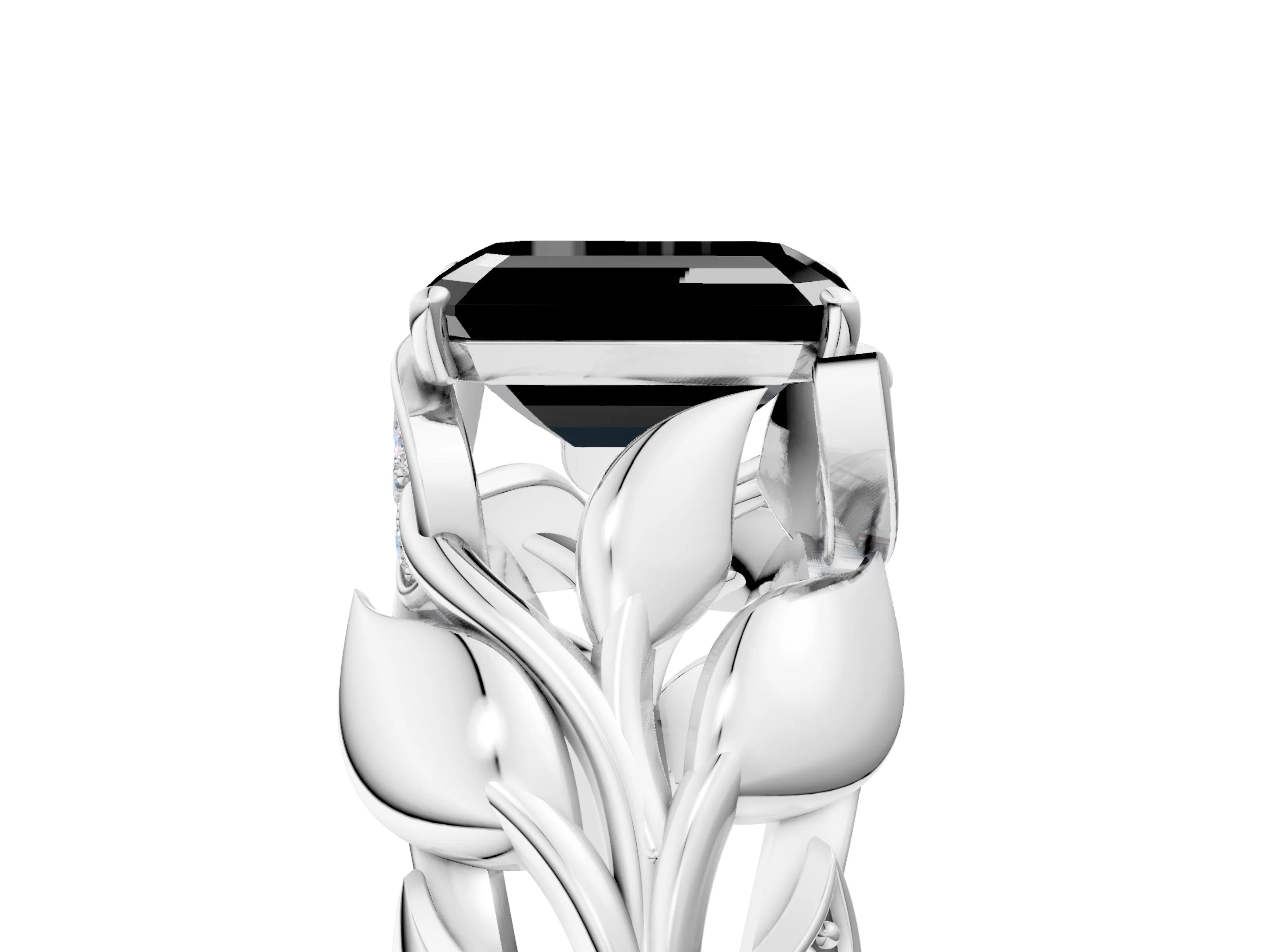 White gold Fancy Black Emerald Cut Solitaire Leaf-Inspired Engagement Ring with Prong Setting_5