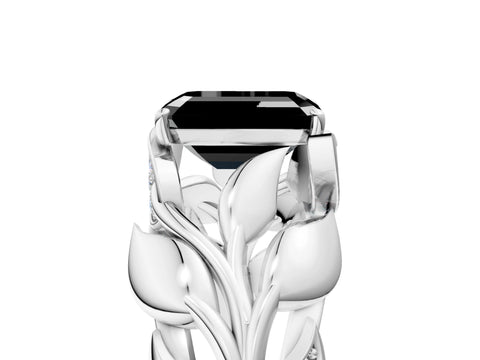White gold Fancy Black Emerald Cut Solitaire Leaf-Inspired Engagement Ring with Prong Setting_5