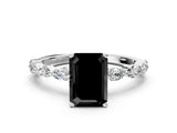 White gold Fancy Black Emerald Cut Solitaire Marquise Side Stone Prong Setting Ring