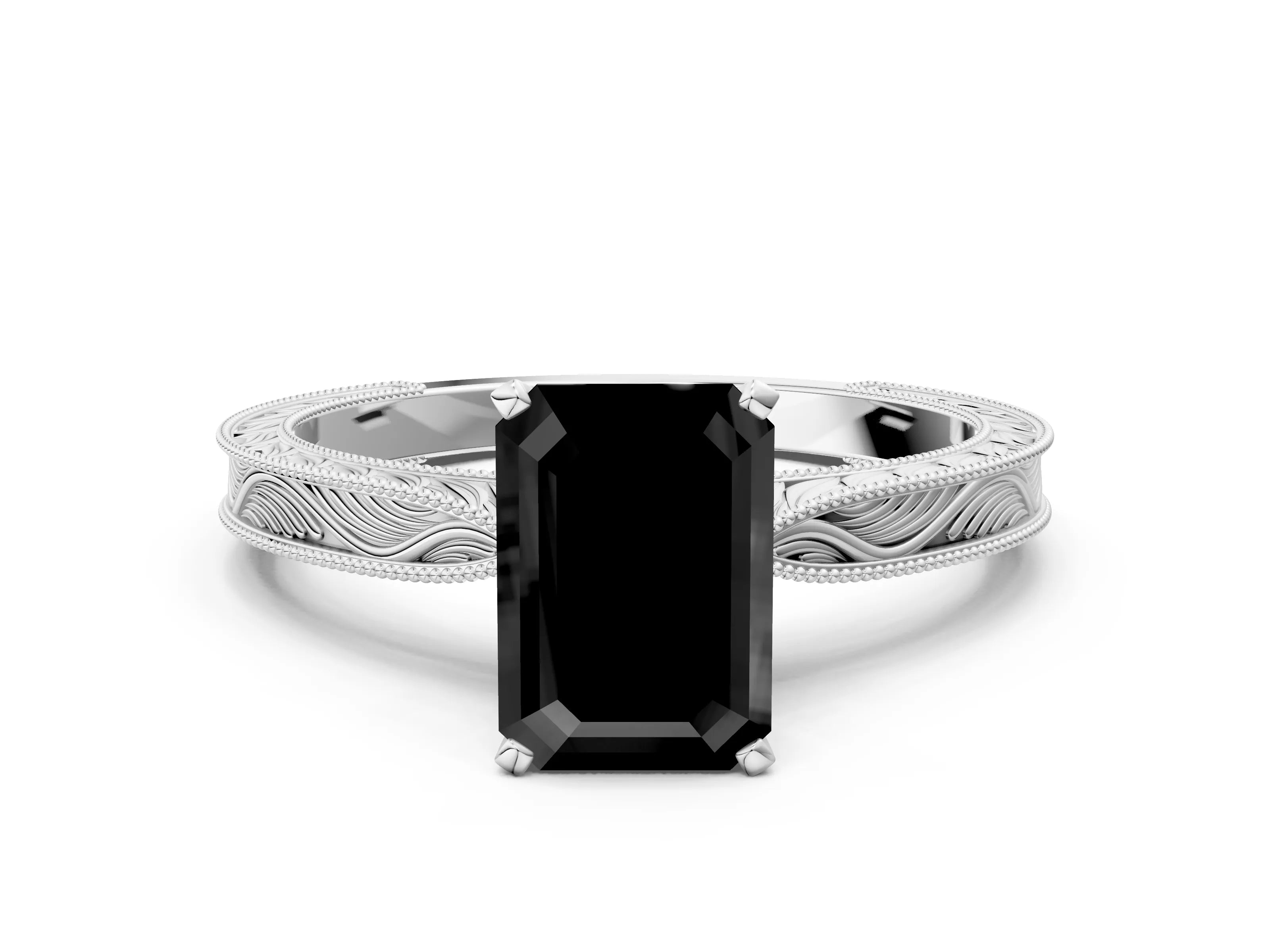 White gold Fancy Black Emerald Cut Solitaire Milgrain Engraved Band with Four-Prong Setting_12
