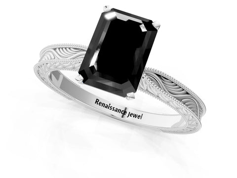 White gold Fancy Black Emerald Cut Solitaire Milgrain Engraved Band with Four-Prong Setting_13