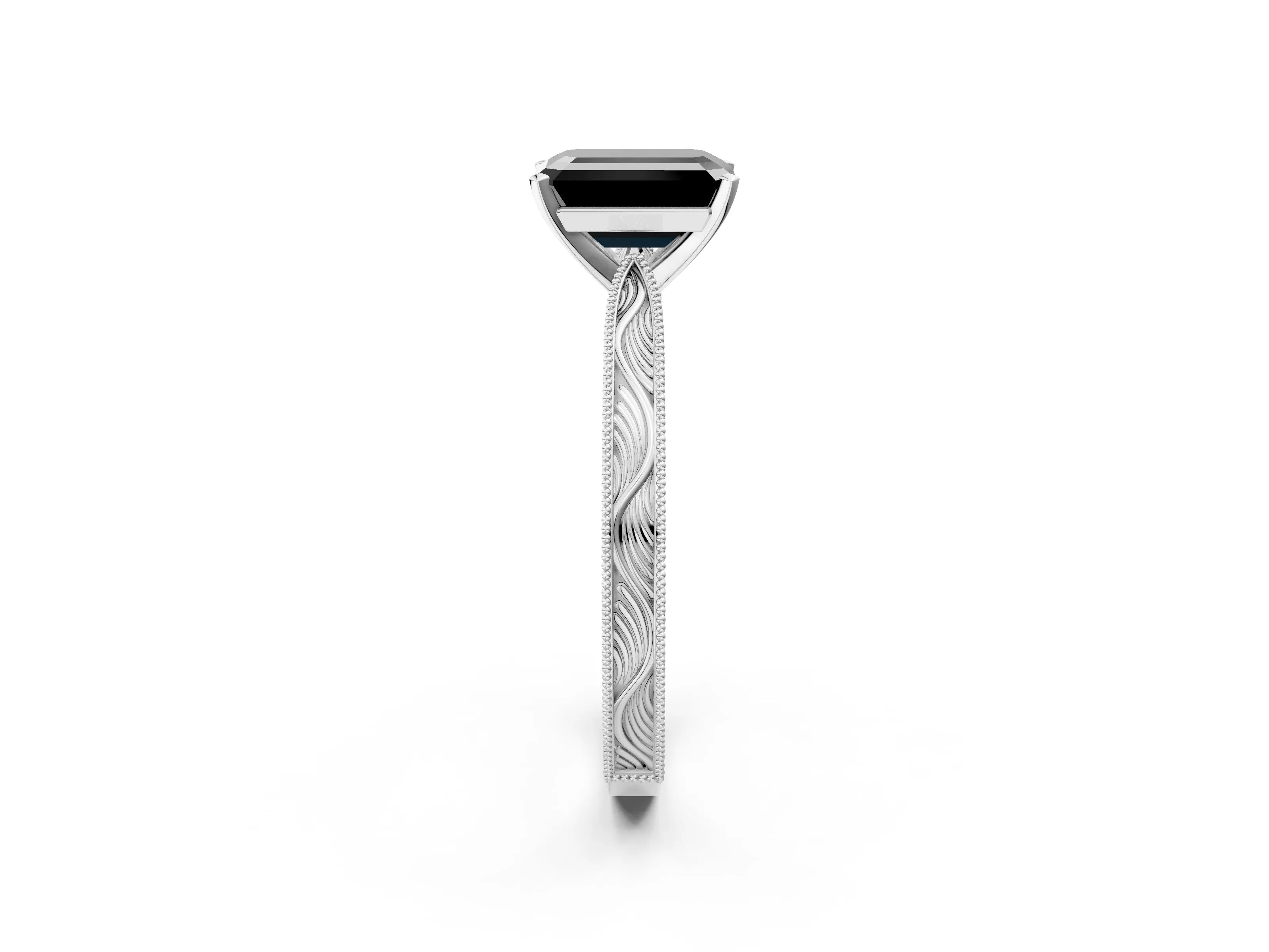 White gold Fancy Black Emerald Cut Solitaire Milgrain Engraved Band with Four-Prong Setting_14