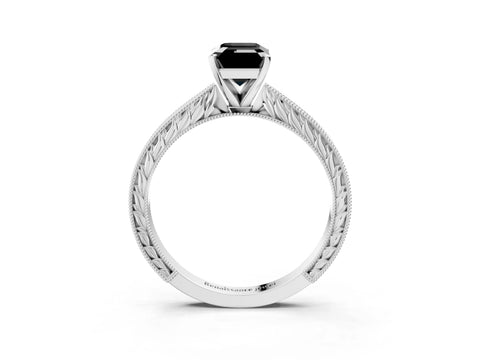White gold Fancy Black Emerald Cut Solitaire Milgrain Engraved Band with Four-Prong Setting_15