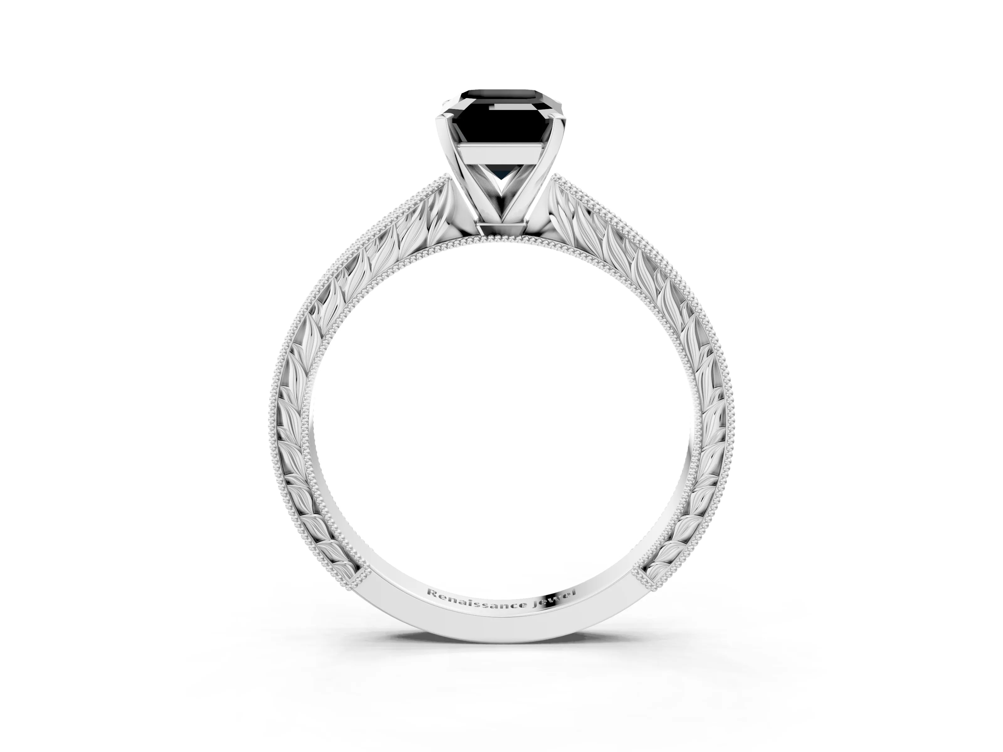 White gold Fancy Black Emerald Cut Solitaire Milgrain Engraved Band with Four-Prong Setting_15