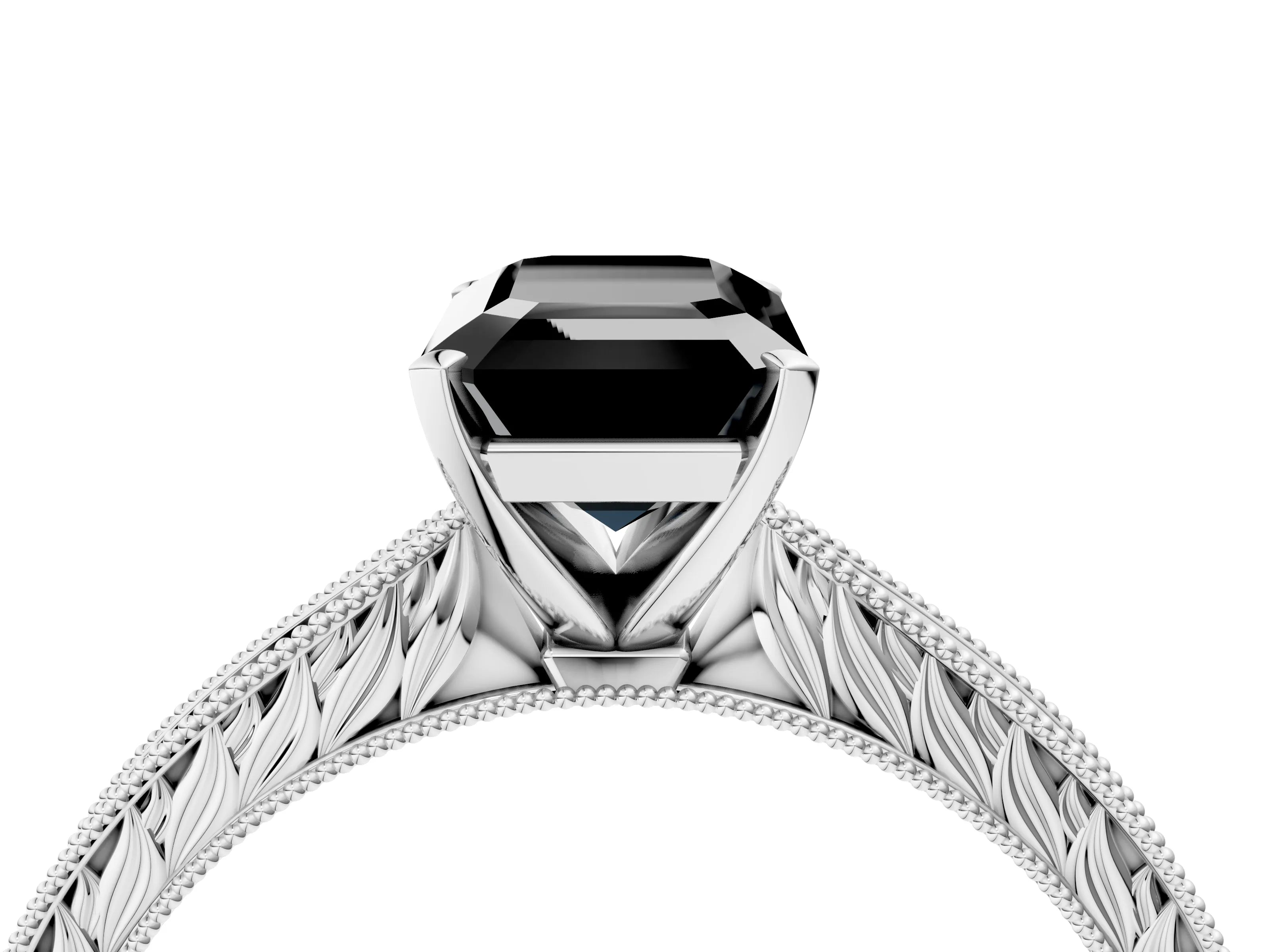 White gold Fancy Black Emerald Cut Solitaire Milgrain Engraved Band with Four-Prong Setting_16