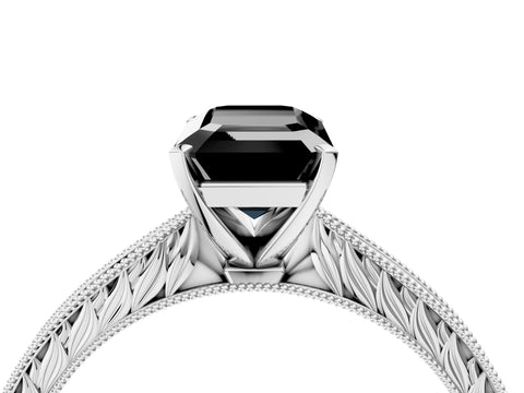 White gold Fancy Black Emerald Cut Solitaire Milgrain Engraved Band with Four-Prong Setting_16