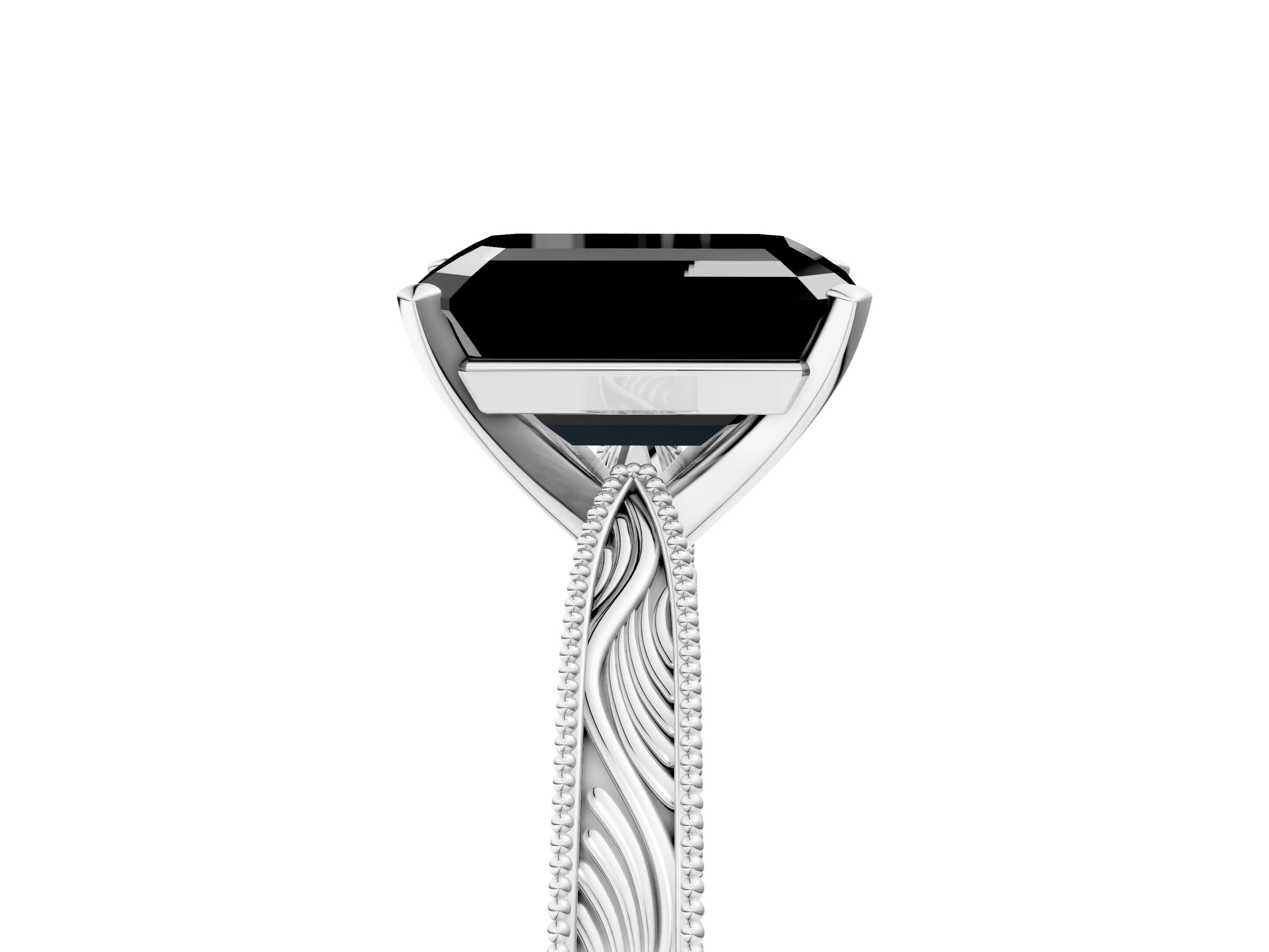 White gold Fancy Black Emerald Cut Solitaire Milgrain Engraved Band with Four-Prong Setting_17