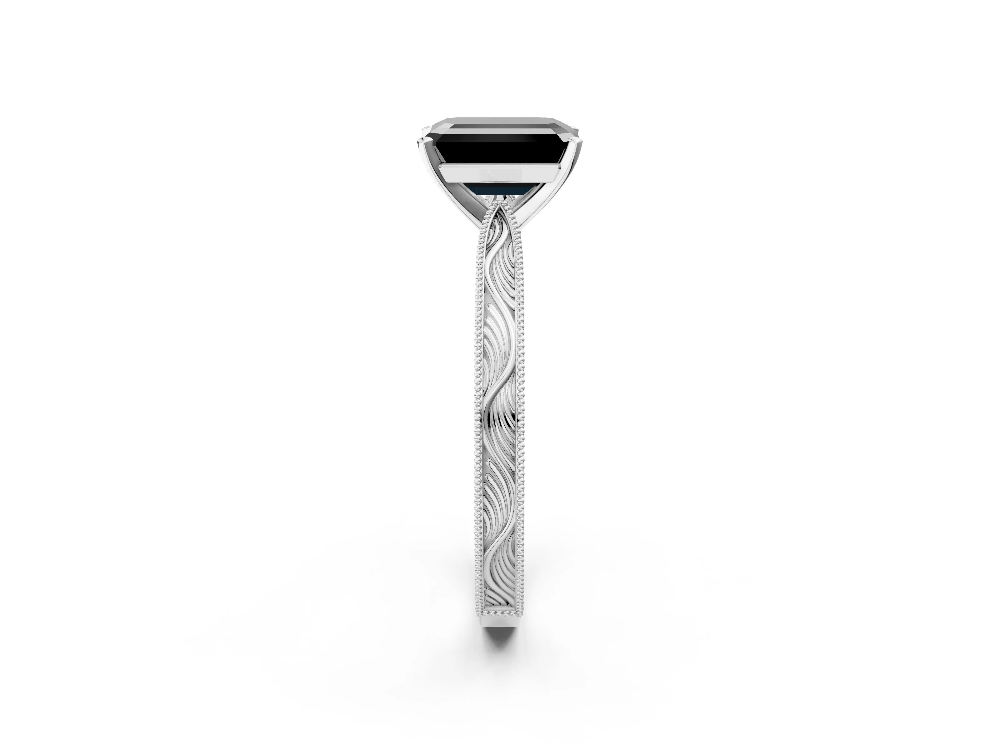 White gold Fancy Black Emerald Cut Solitaire Milgrain Engraved Band with Four-Prong Setting_2