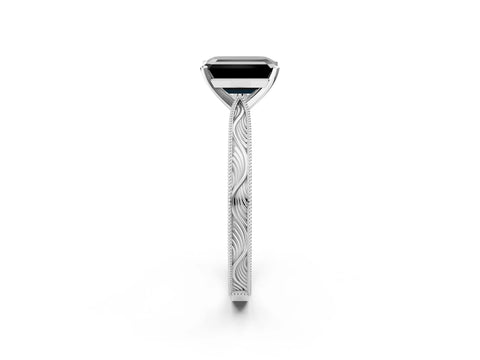 White gold Fancy Black Emerald Cut Solitaire Milgrain Engraved Band with Four-Prong Setting_2