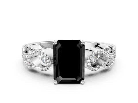 White gold Fancy Black Emerald Cut Solitaire Milgrain Leaf Band with Prong Setting_12