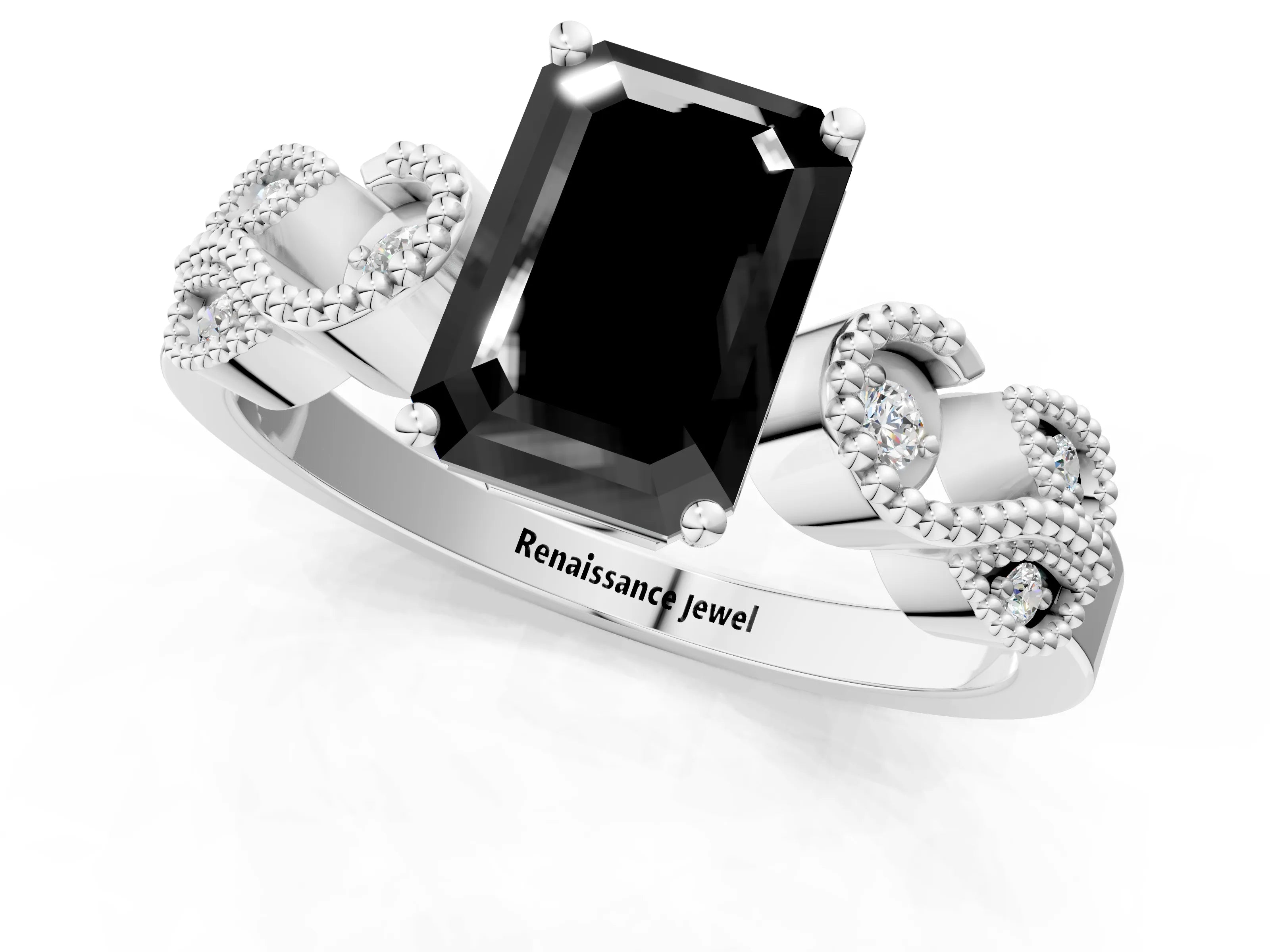 White gold Fancy Black Emerald Cut Solitaire Milgrain Leaf Band with Prong Setting_13