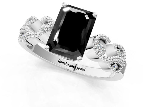 White gold Fancy Black Emerald Cut Solitaire Milgrain Leaf Band with Prong Setting_13