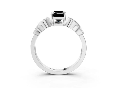 White gold Fancy Black Emerald Cut Solitaire Milgrain Leaf Band with Prong Setting_15
