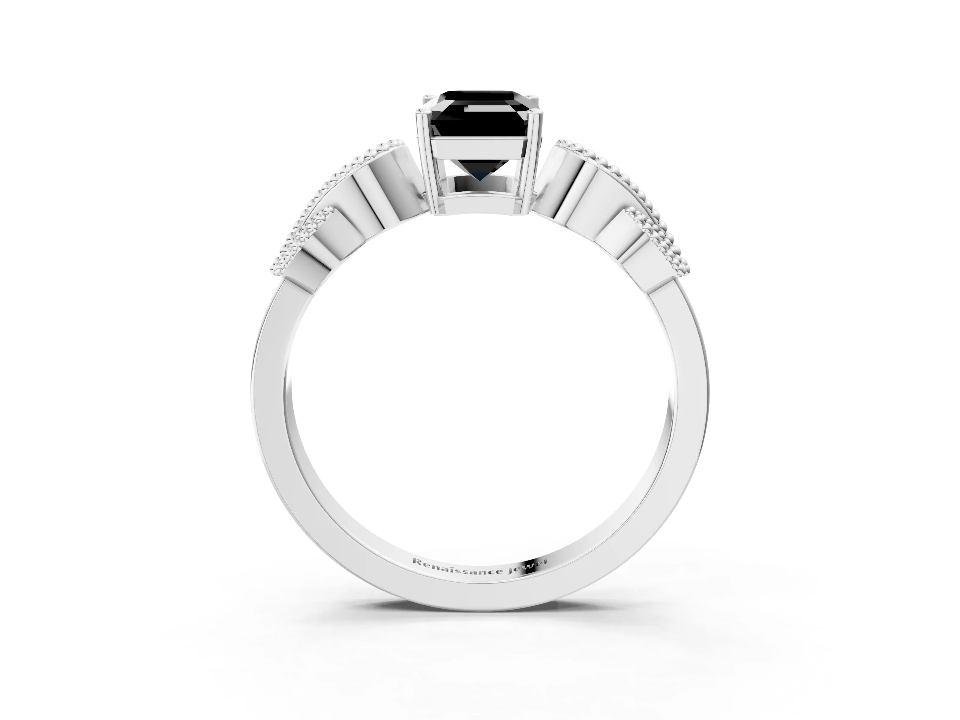 White gold Fancy Black Emerald Cut Solitaire Milgrain Leaf Band with Prong Setting_15