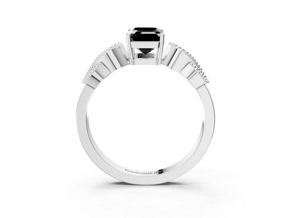 Sterling Silver Emerald Cut Vintage Solitaire Engagement Ring Setting for Black Center
