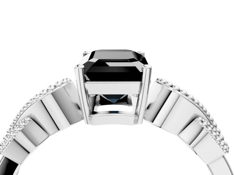 White gold Fancy Black Emerald Cut Solitaire Milgrain Leaf Band with Prong Setting_16