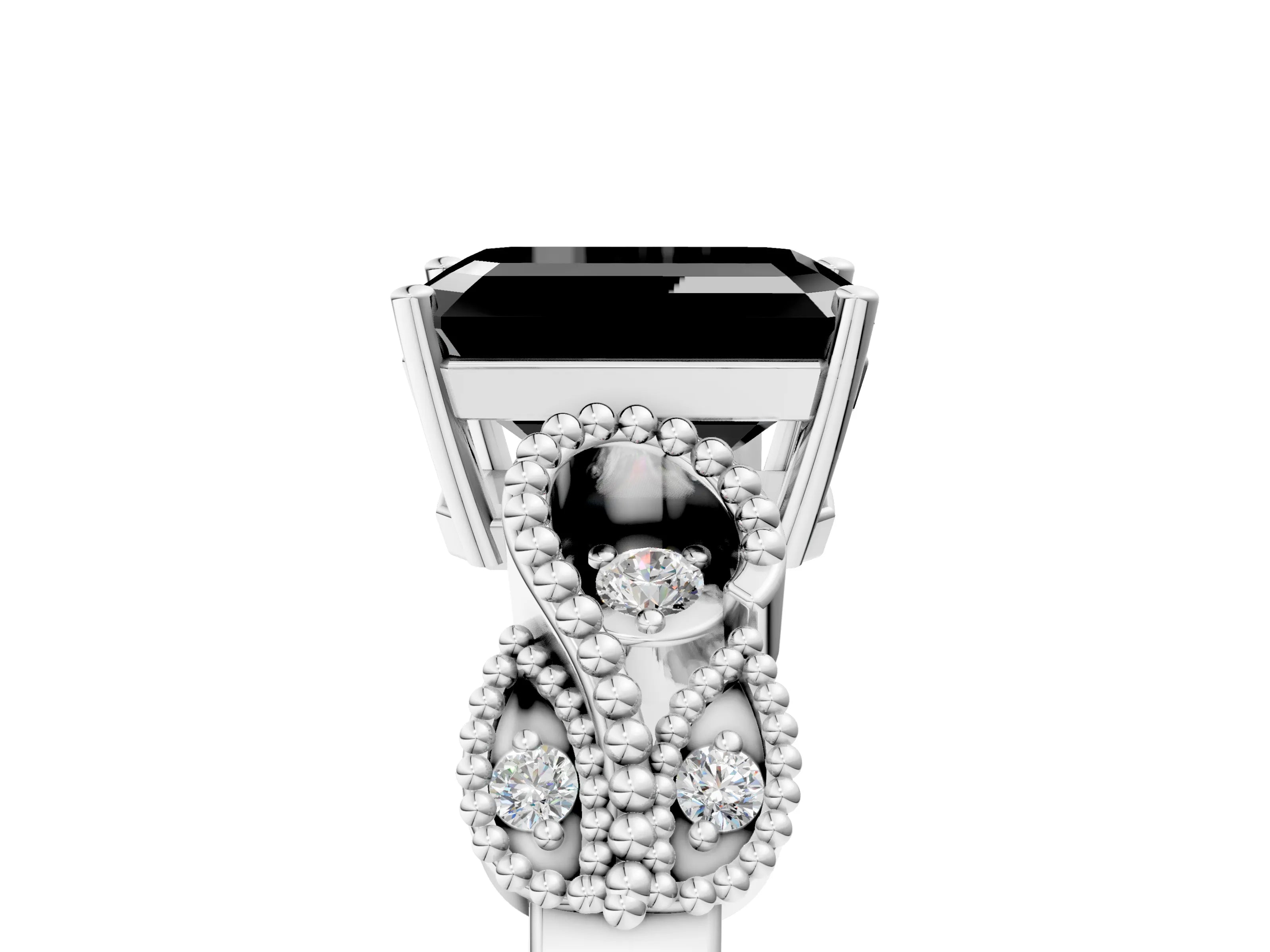 White gold Fancy Black Emerald Cut Solitaire Milgrain Leaf Band with Prong Setting_17