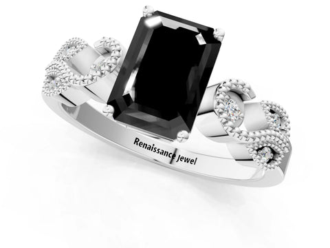 White gold Fancy Black Emerald Cut Solitaire Milgrain Leaf Band with Prong Setting_1