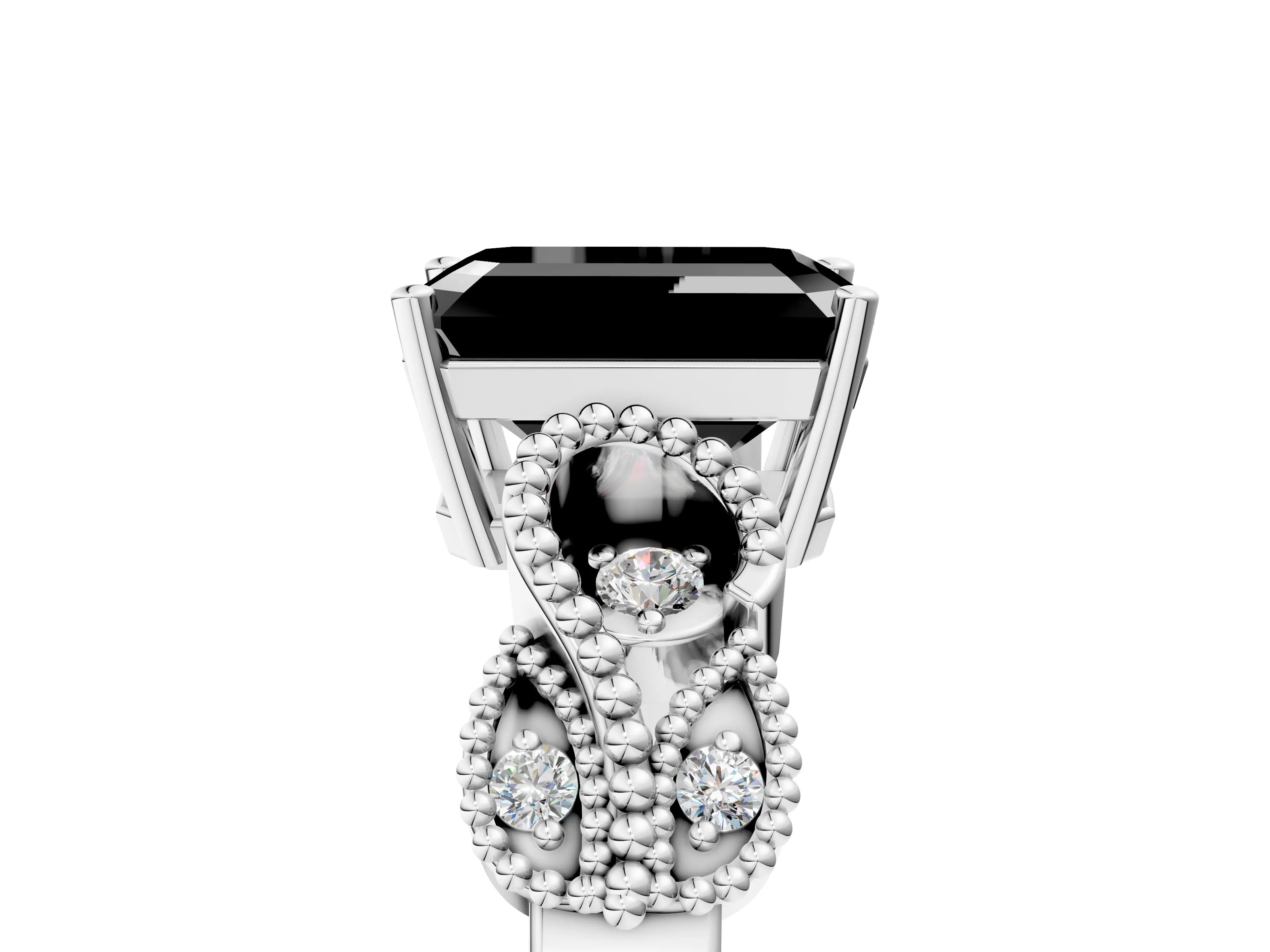 White gold Fancy Black Emerald Cut Solitaire Milgrain Leaf Band with Prong Setting_5