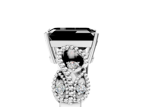 White gold Fancy Black Emerald Cut Solitaire Milgrain Leaf Band with Prong Setting_5