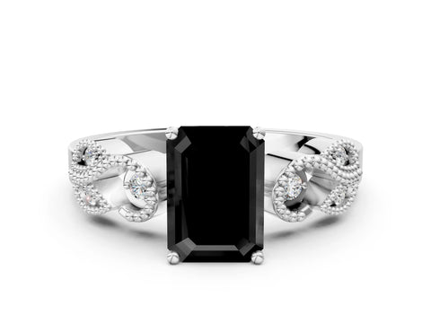 White gold Fancy Black Emerald Cut Solitaire Milgrain Leaf Band with Prong Setting
