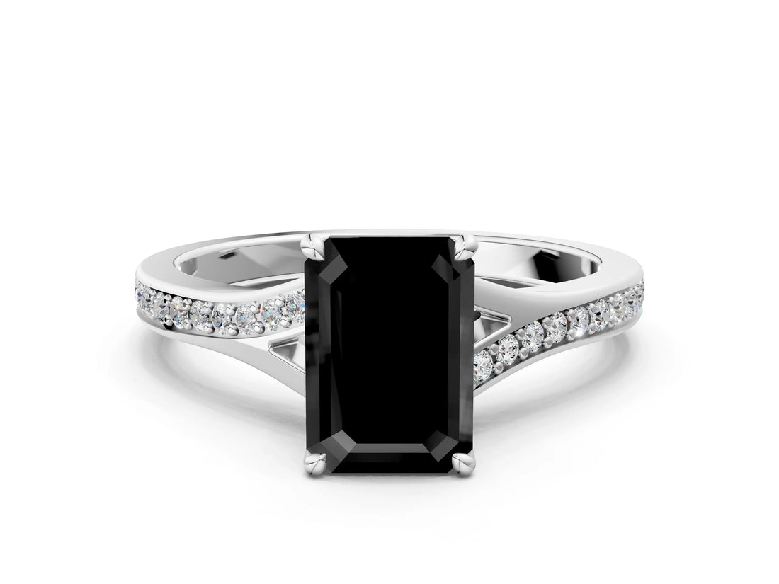 White gold Fancy Black Emerald Cut Solitaire Pavé Band with Four-Prong Setting