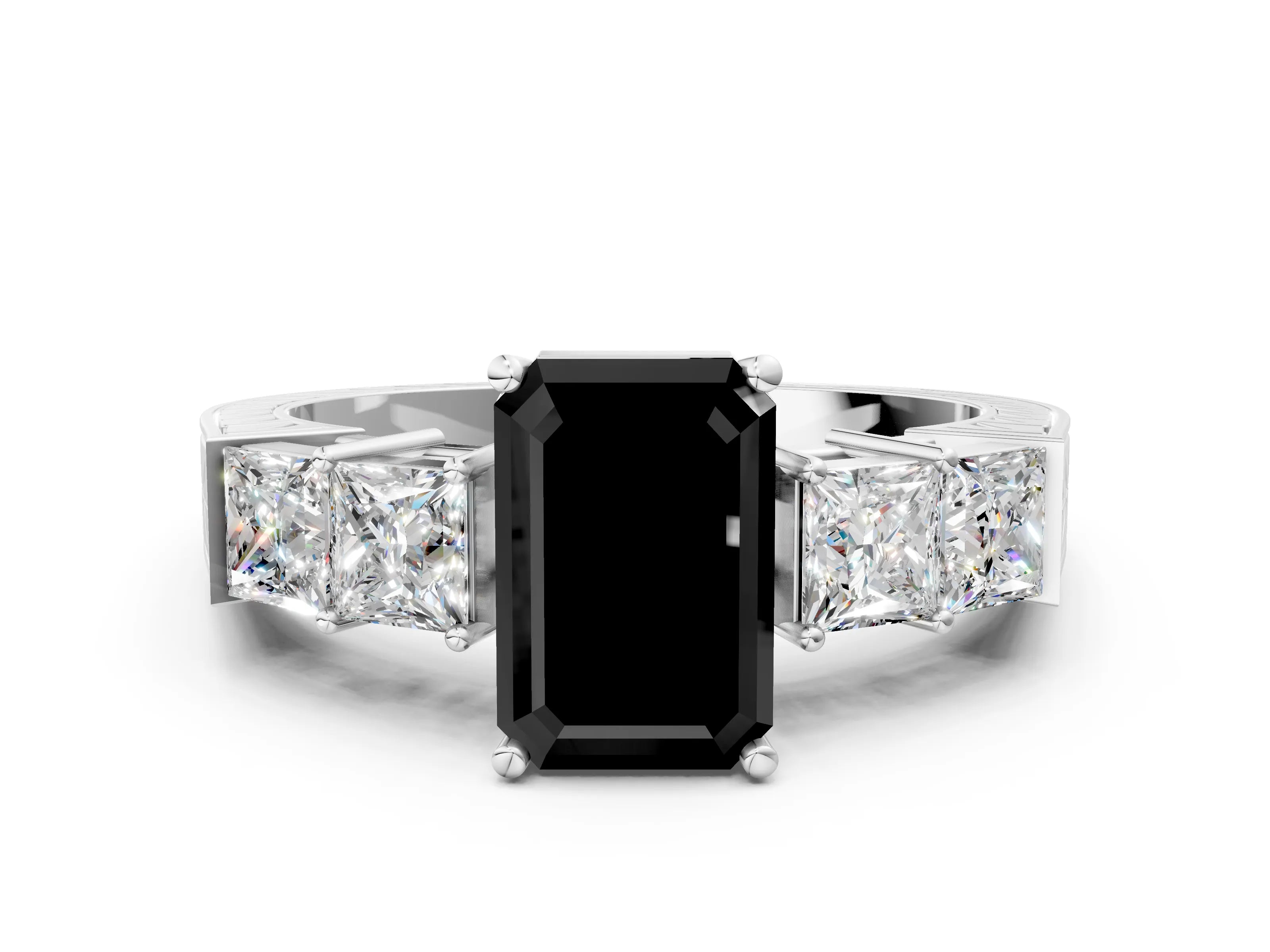 White gold Fancy Black Emerald Cut Solitaire Princess Side Stone Engraved Band Prong Setting Ring
