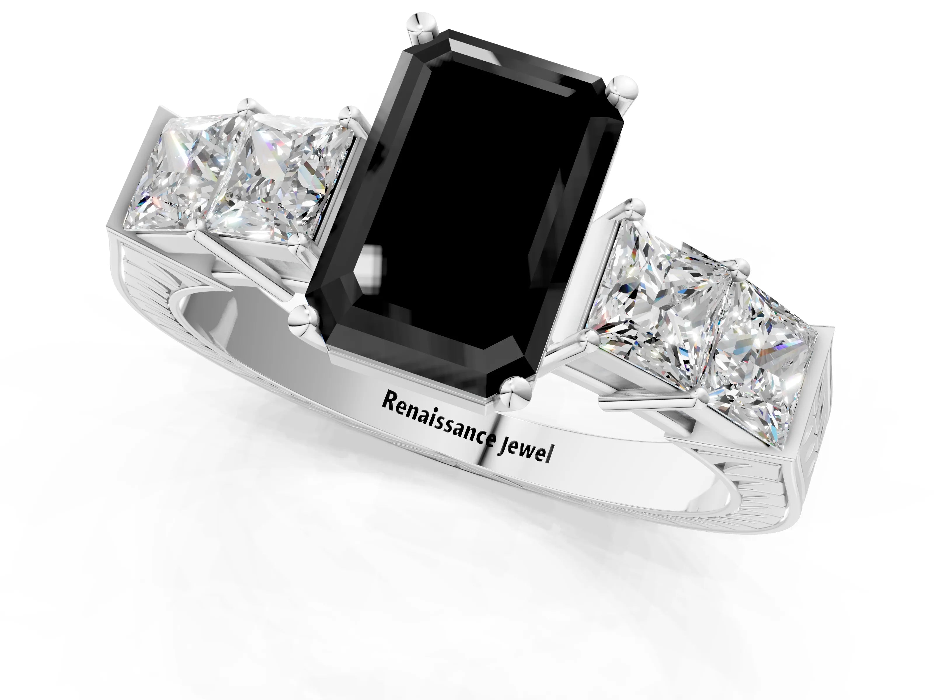 White gold Fancy Black Emerald Cut Solitaire Princess Side Stone Engraved Band Prong Setting Ring_1