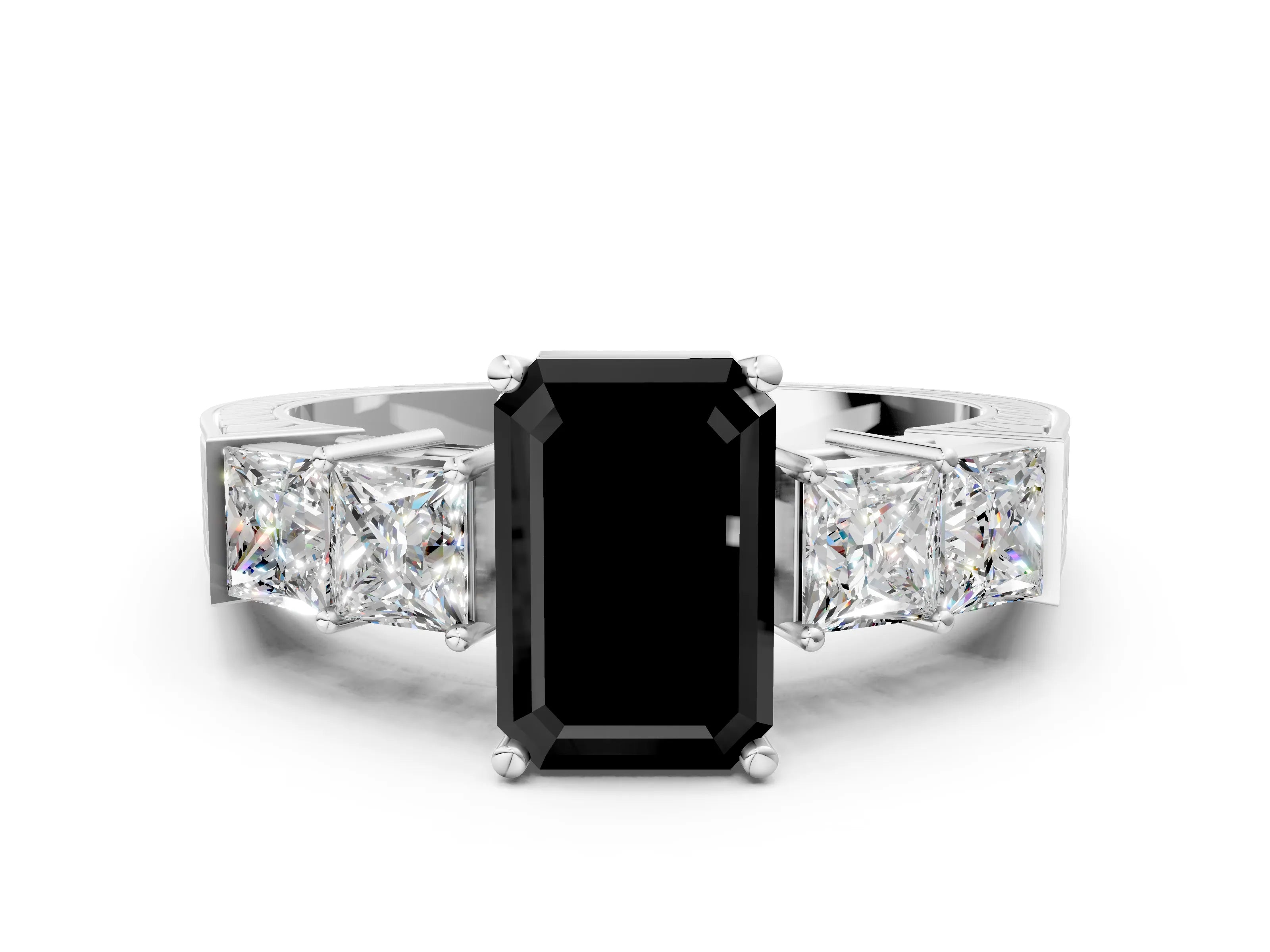 White gold Fancy Black Emerald Cut Solitaire Princess Side Stone Engraved Band Prong Setting Ring_12