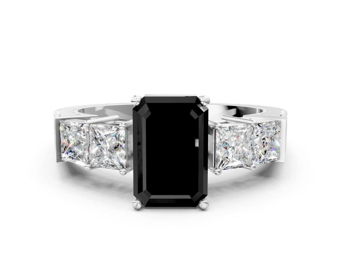 White gold Fancy Black Emerald Cut Solitaire Princess Side Stone Engraved Band Prong Setting Ring_12