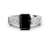 White gold Fancy Black Emerald Cut Solitaire Princess Side Stone Engraved Band Prong Setting Ring_12