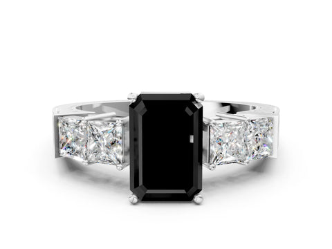 White gold Fancy Black Emerald Cut Solitaire Princess Side Stone Engraved Band Prong Setting Ring_12