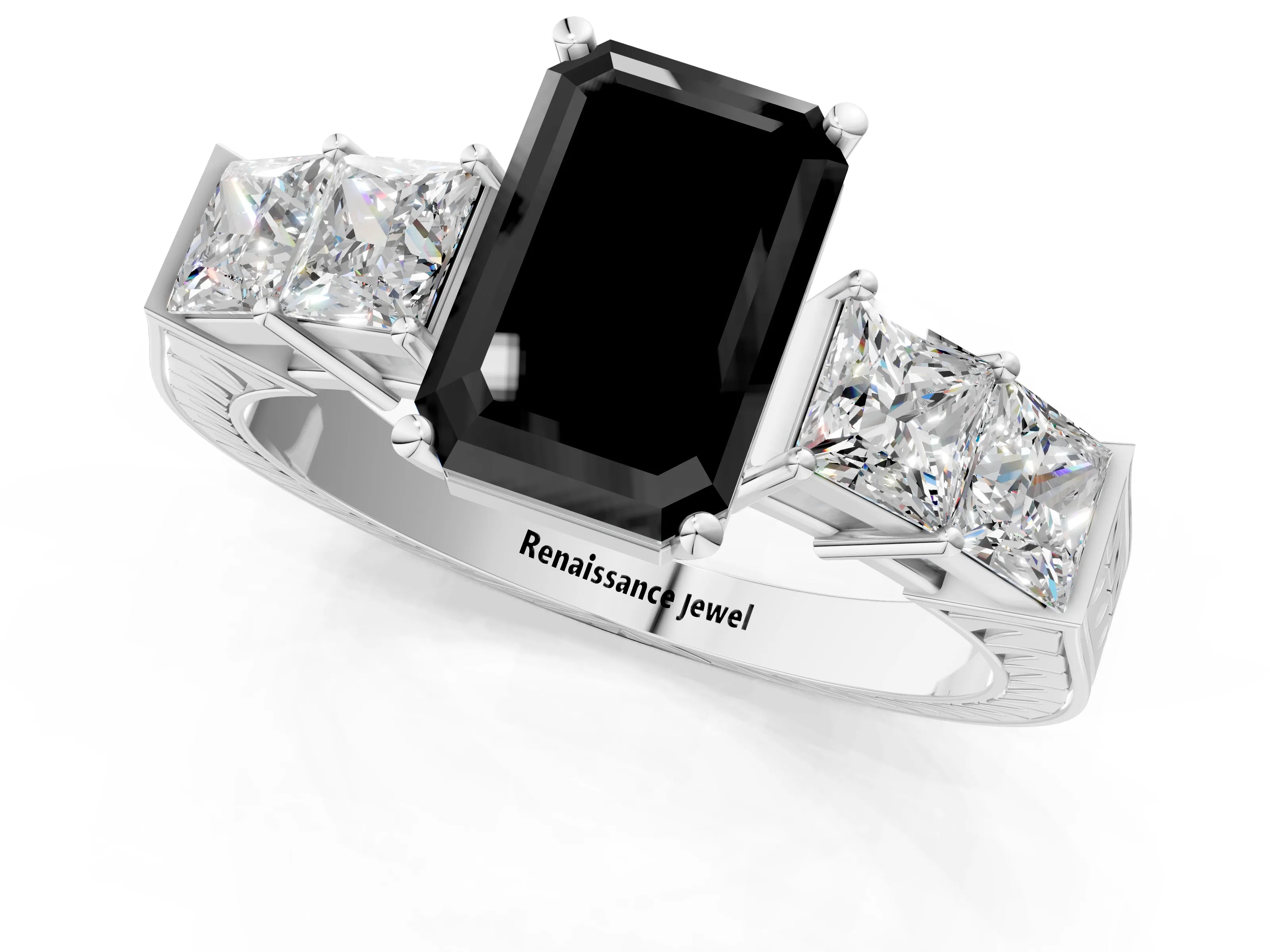 White gold Fancy Black Emerald Cut Solitaire Princess Side Stone Engraved Band Prong Setting Ring_13