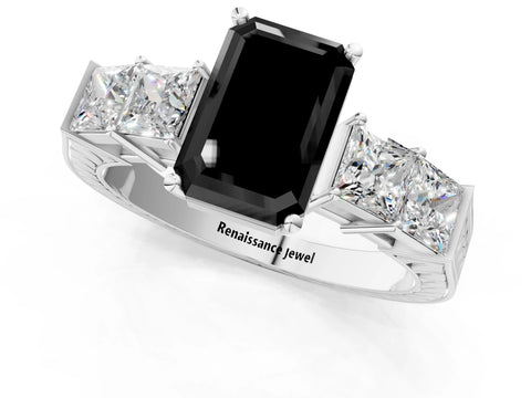 White gold Fancy Black Emerald Cut Solitaire Princess Side Stone Engraved Band Prong Setting Ring_13