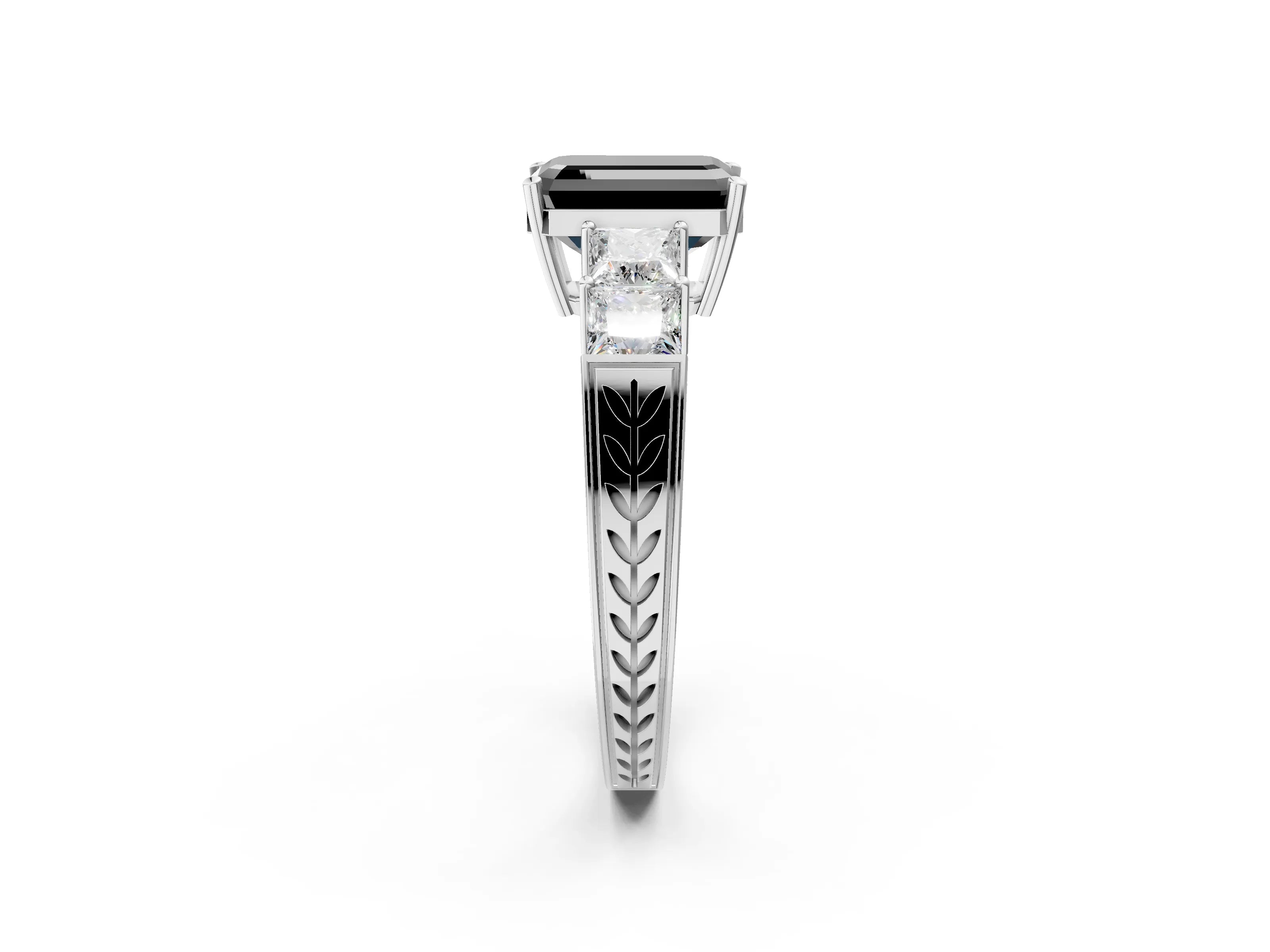 White gold Fancy Black Emerald Cut Solitaire Princess Side Stone Engraved Band Prong Setting Ring_14