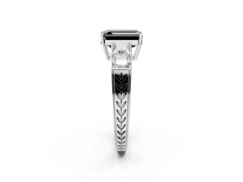 White gold Fancy Black Emerald Cut Solitaire Princess Side Stone Engraved Band Prong Setting Ring_14