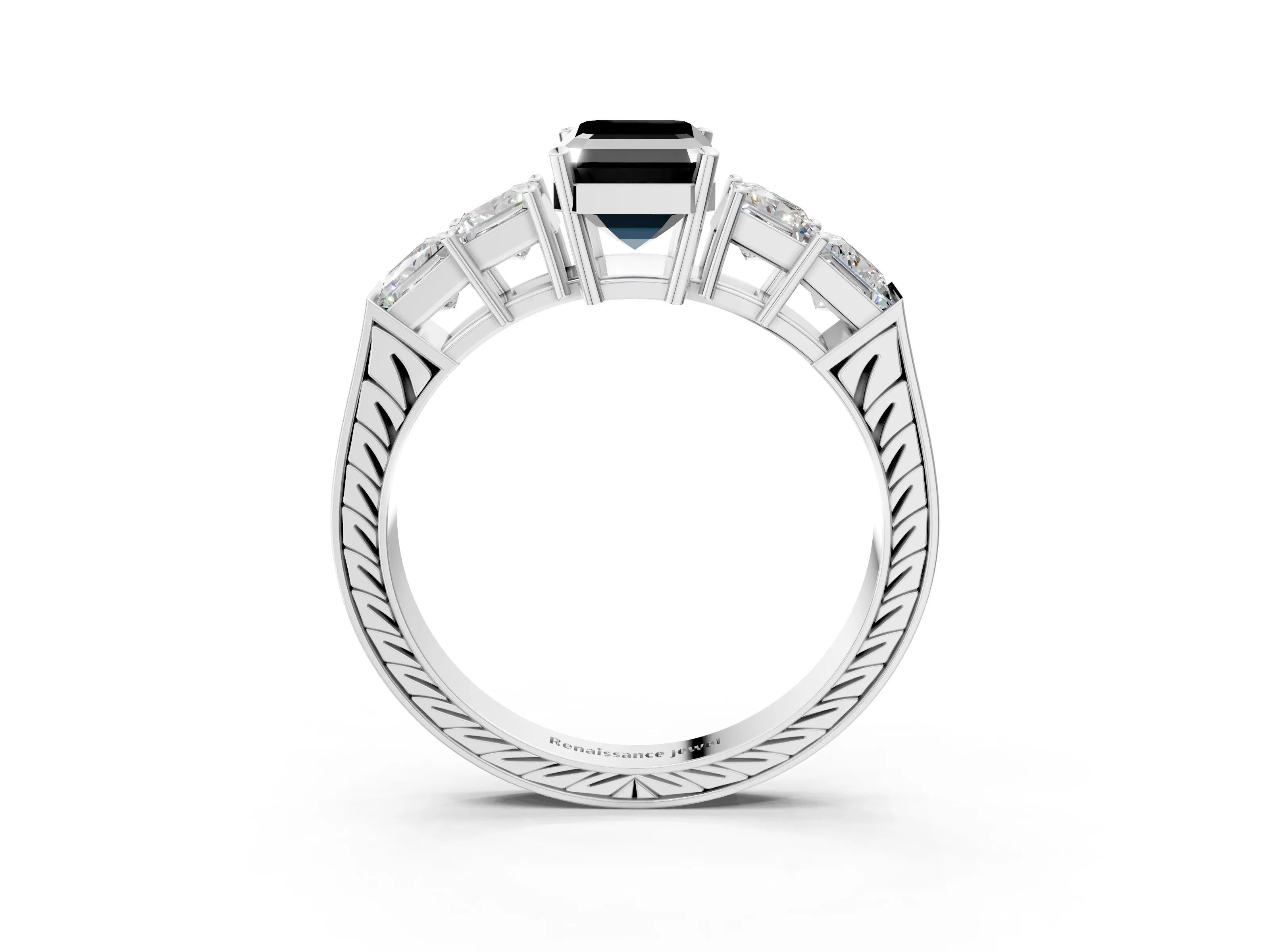 White gold Fancy Black Emerald Cut Solitaire Princess Side Stone Engraved Band Prong Setting Ring_15