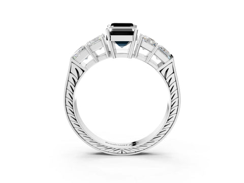 White gold Fancy Black Emerald Cut Solitaire Princess Side Stone Engraved Band Prong Setting Ring_15