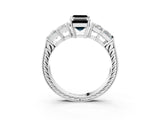 White gold Fancy Black Emerald Cut Solitaire Princess Side Stone Engraved Band Prong Setting Ring_15