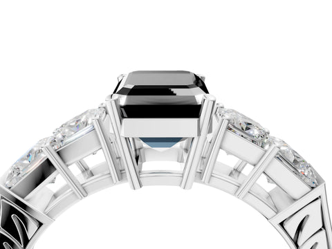 White gold Fancy Black Emerald Cut Solitaire Princess Side Stone Engraved Band Prong Setting Ring_16