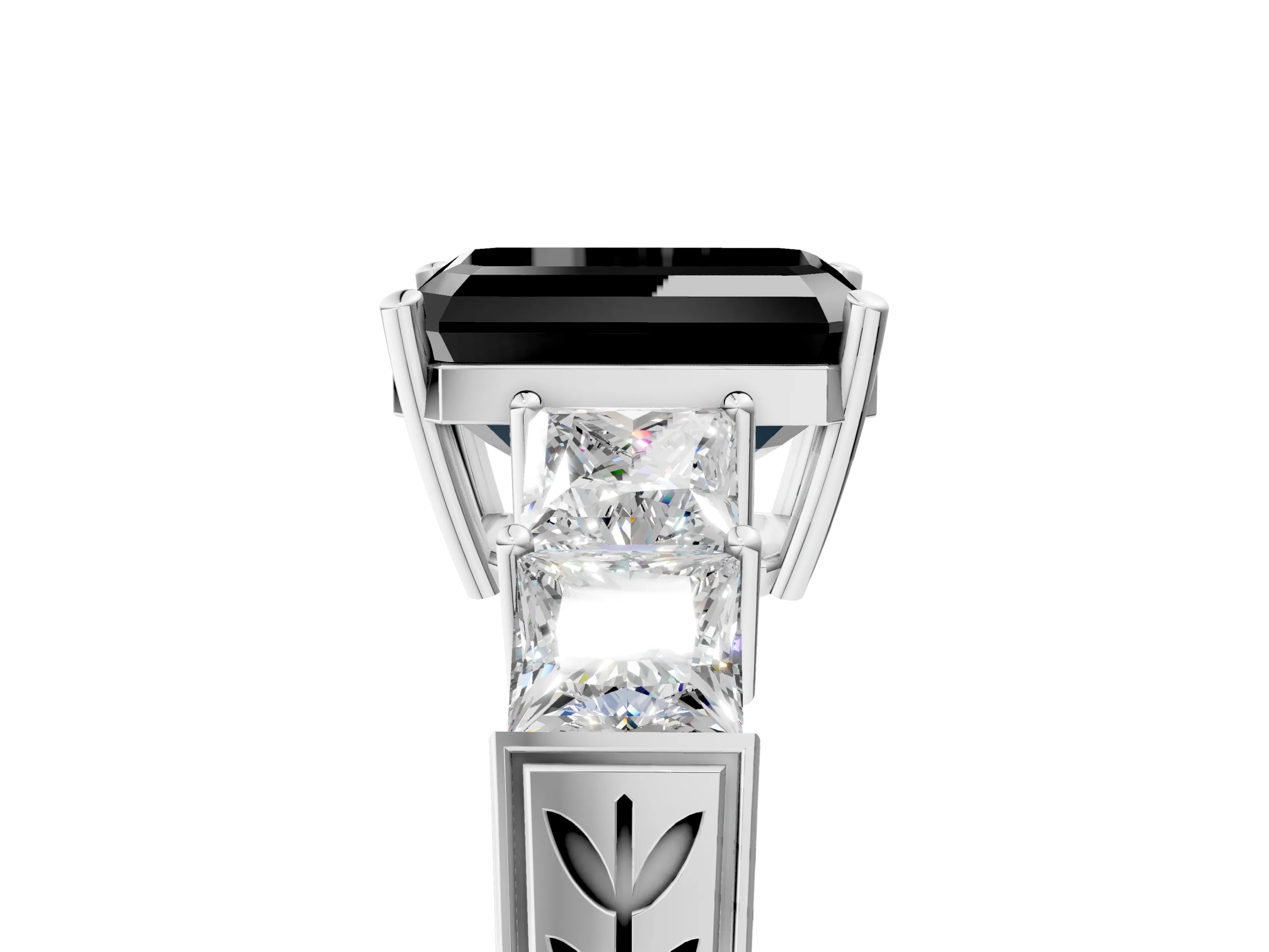 White gold Fancy Black Emerald Cut Solitaire Princess Side Stone Engraved Band Prong Setting Ring_17