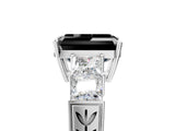 White gold Fancy Black Emerald Cut Solitaire Princess Side Stone Engraved Band Prong Setting Ring_17