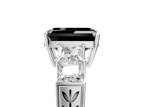 White gold Fancy Black Emerald Cut Solitaire Princess Side Stone Engraved Band Prong Setting Ring_17
